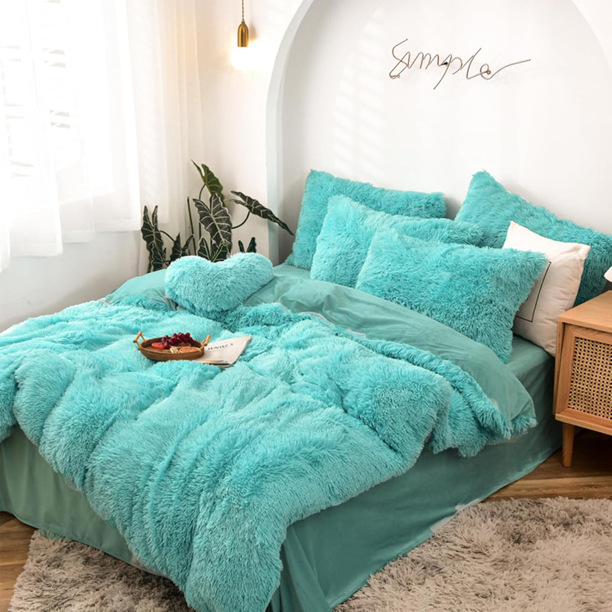 5 PCS Shaggy Duvet Cover Bedding Set - Long Faux Fur Luxury Ultra Soft Cozy (Aqua, King/California King)
