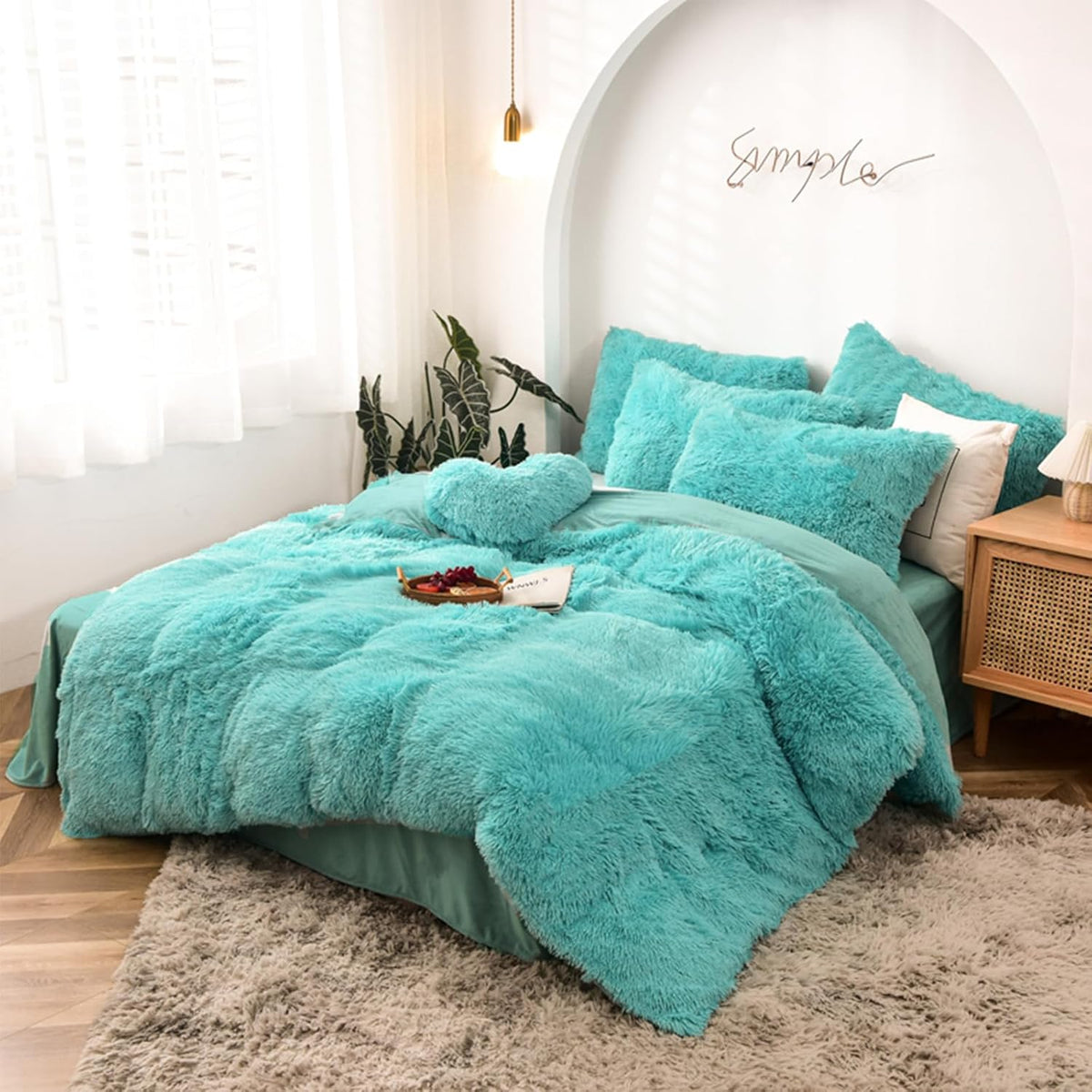 5 PCS Shaggy Duvet Cover Bedding Set - Long Faux Fur Luxury Ultra Soft Cozy (Aqua, King/California King)