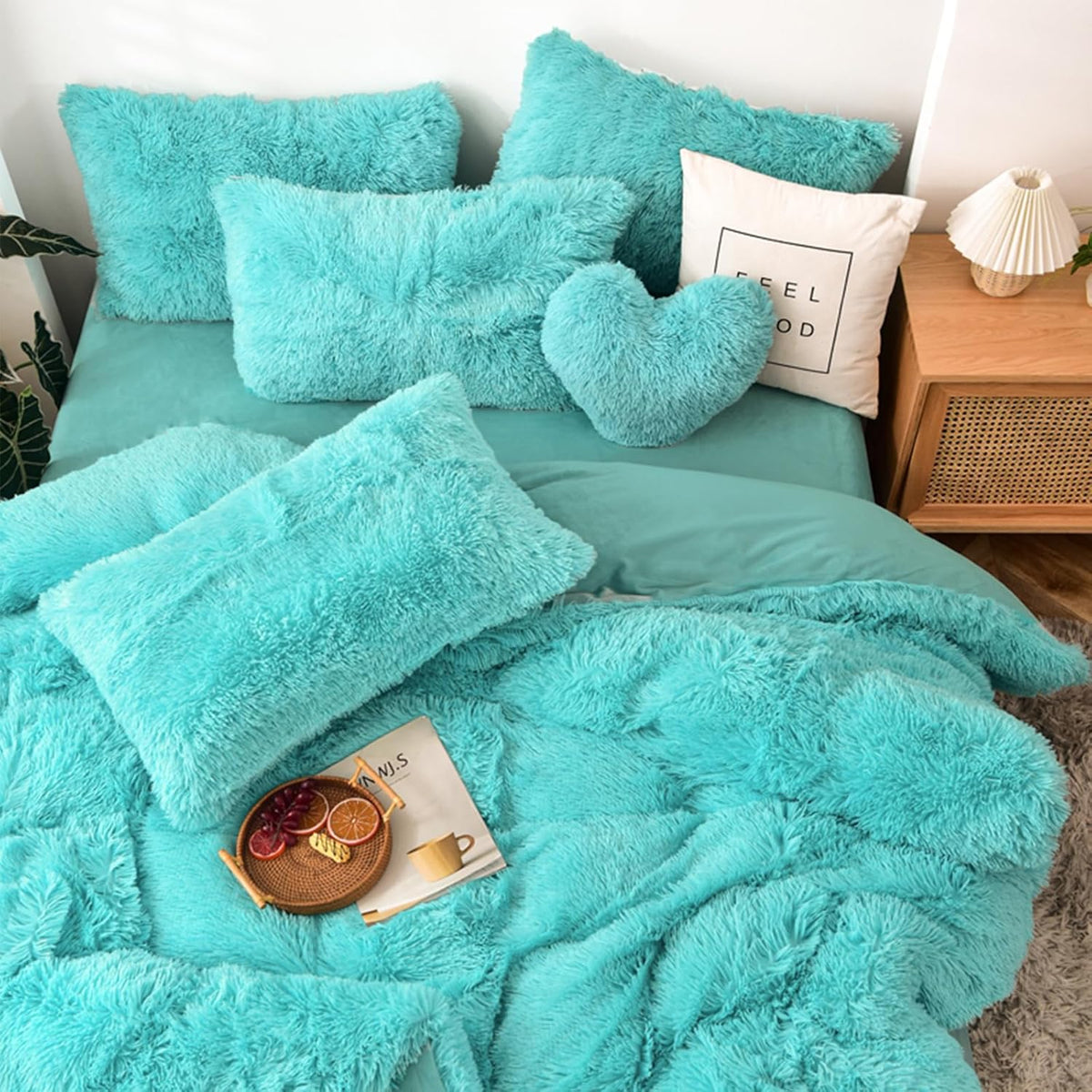 5 PCS Shaggy Duvet Cover Bedding Set - Long Faux Fur Luxury Ultra Soft Cozy (Aqua, King/California King)